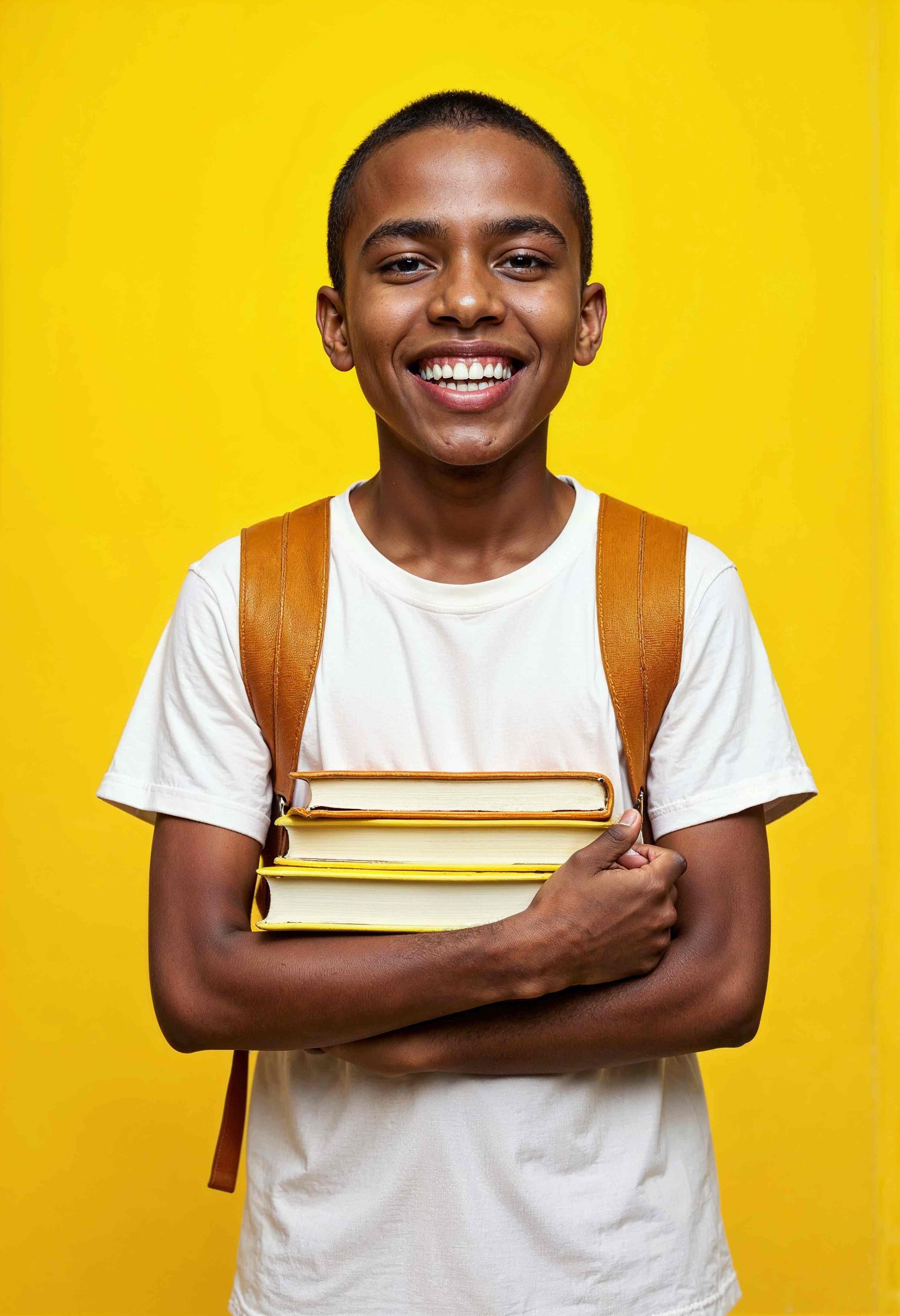 Happy student with books and backpack